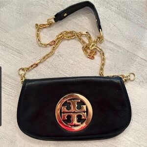 Tory Burch Black Leather Crossbody with Gold Logo Medallion